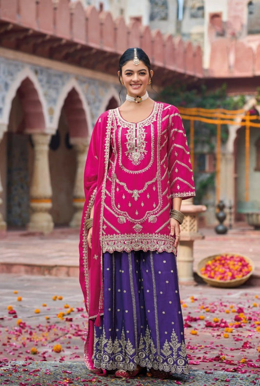 Women Pink And Purple Chinon Palazzo Suit Set