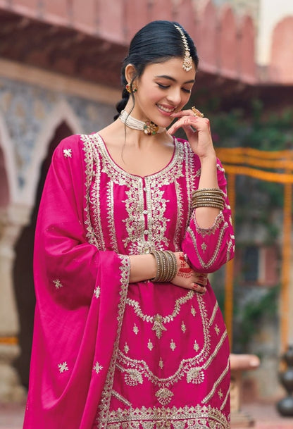 Women Pink And Purple Chinon Palazzo Suit Set