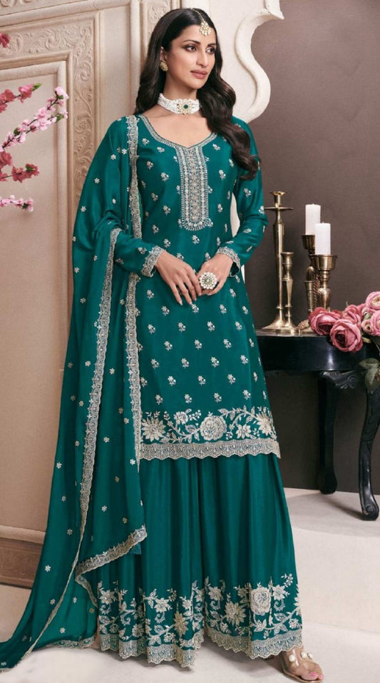Gorgeous Rama Green Chinon Palazzo Suit Set