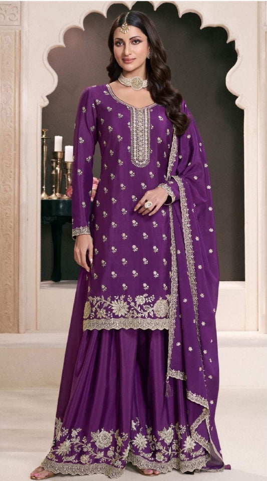 Lovely Purple Chinon Palazzo Suit Set