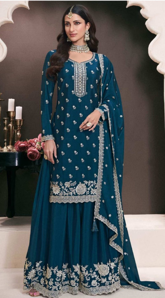 Pretty Teal Chinon Palazzo Suit Set