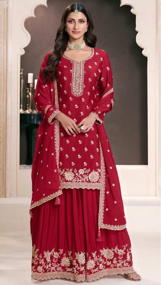 Charming Maroon Chinon Palazzo Suit Set