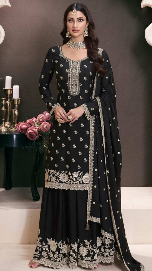 Magnificent Black Chinon Palazzo Suit Set
