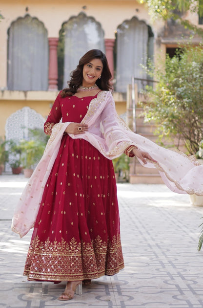 Women Rose Pink Georgette Gown With Dupatta With Embroidery Work