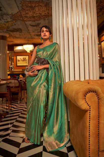 Radiant Rama Green Satin Jari Silk Saree