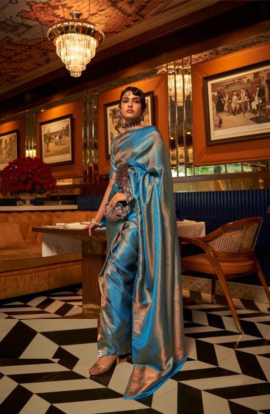 Gleaming Blue Satin Jari Silk Saree