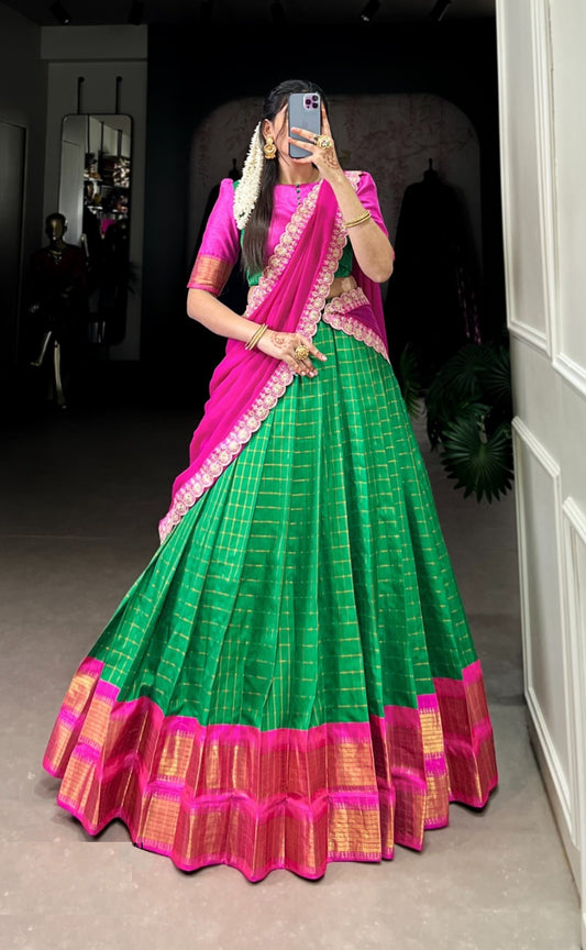 Women Green And Pink Zari Silk Checks Traditional Lehenga