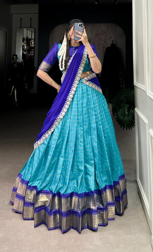 Women Teal And Royal Blue Zari Silk Checks Traditional Lehenga