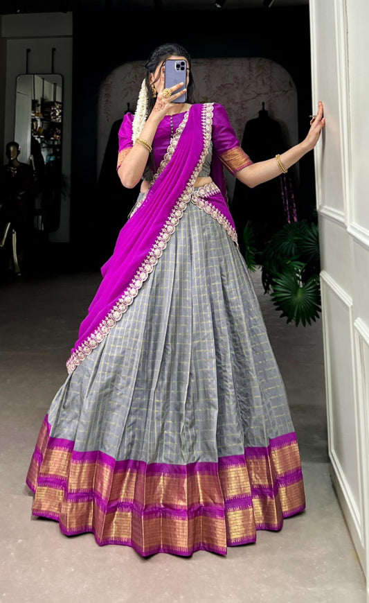 Women Grey And Pink Zari Silk Checks Traditional Lehenga