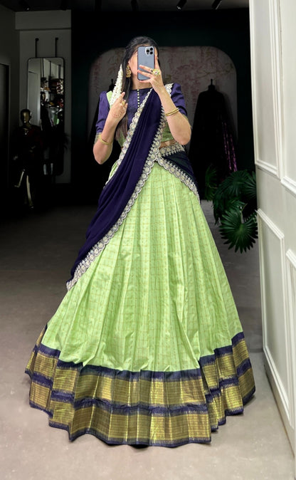 Women Sea Green And Navy Blue Zari Silk Checks Traditional Lehenga