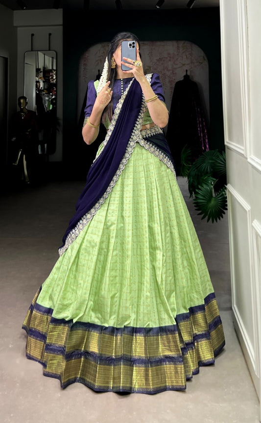 Women Sea Green And Navy Blue Zari Silk Checks Traditional Lehenga