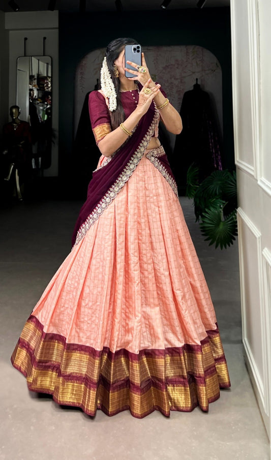 Women Peach And Burgundy Zari Silk Checks Traditional Lehenga