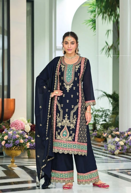 Women Black Chinon Pakistani Suit Set With Embroidery Work
