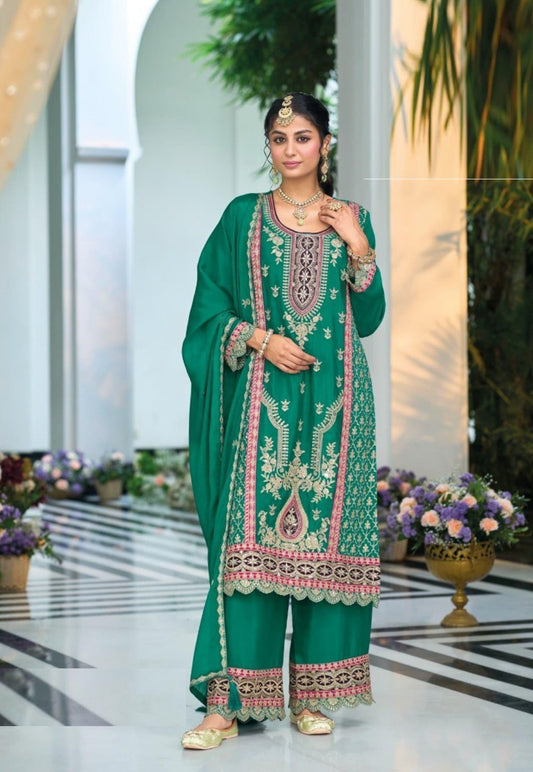 Women Sea Green Chinon Pakistani Suit Set With Embroidery Work