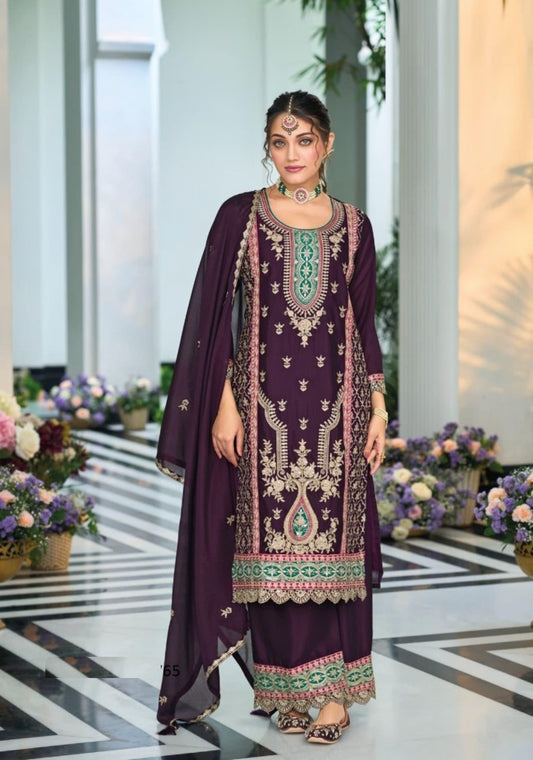 Women Dark Purple Chinon Pakistani Suit Set With Embroidery Work