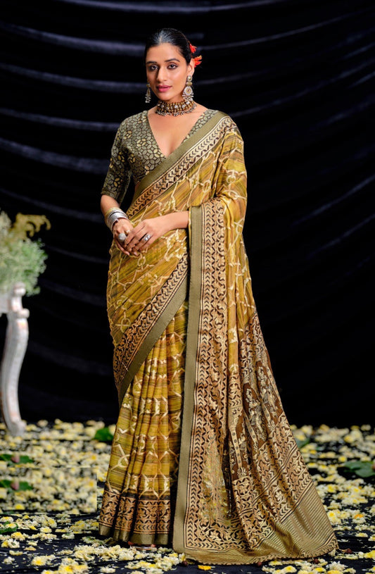 Classy Green Brasso Digital Print Saree