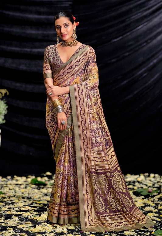 Stylish Purple Brasso Digital Print Saree