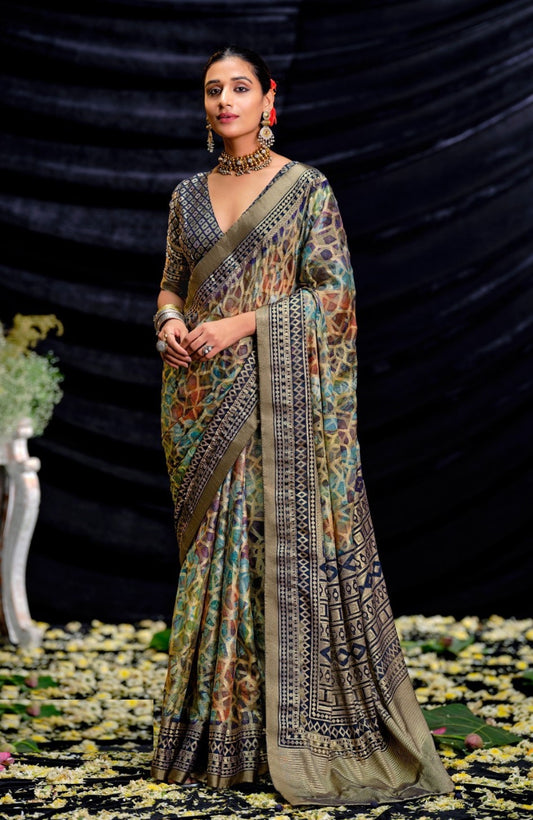 Exquisite Navy Blue Brasso Digital Print Saree