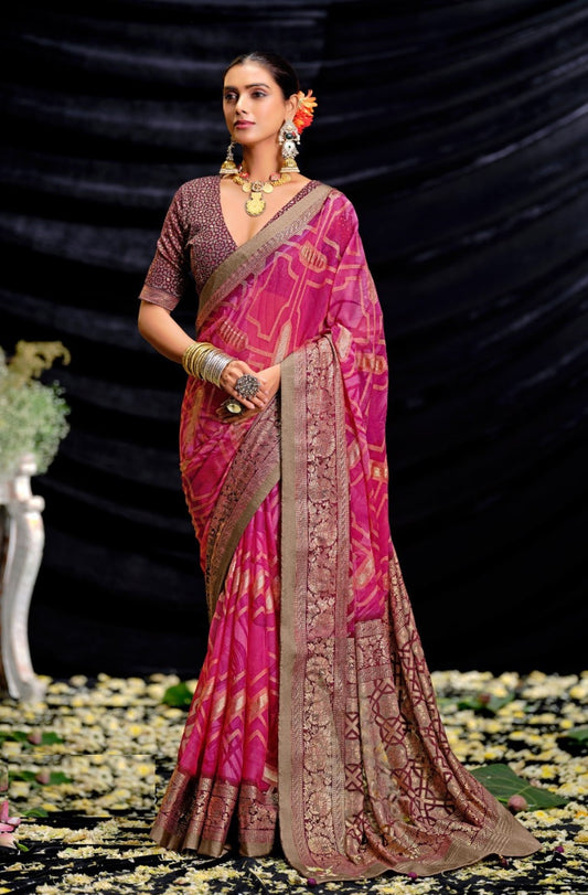 Vibrant Pink Brasso Digital Print Saree