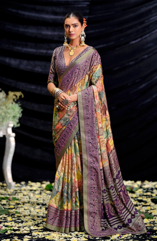 Contemporary Multicolor Brasso Digital Print Saree