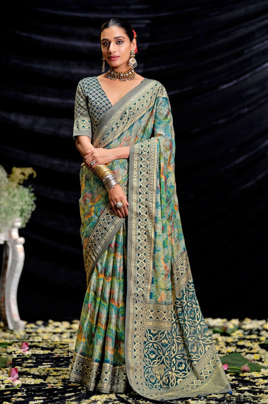 Alluring Green Brasso Digital Print Saree