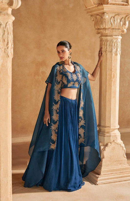 Elegant Navy Blue Chinon Stylish Lehenga