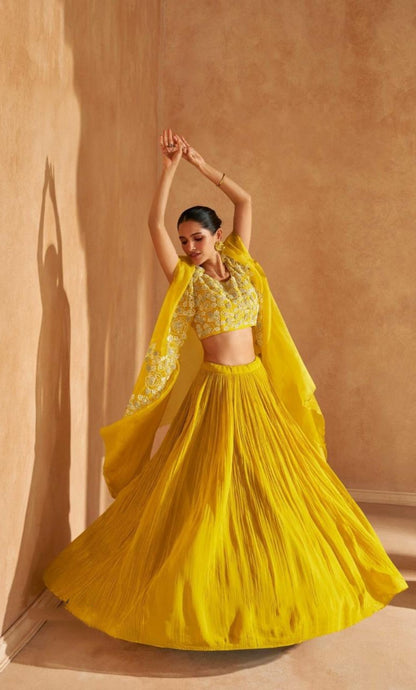 Party Wear Yellow Chinon Stylish Lehenga