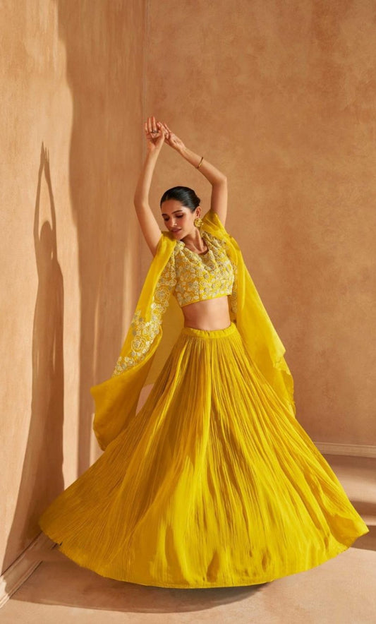 Party Wear Yellow Chinon Stylish Lehenga