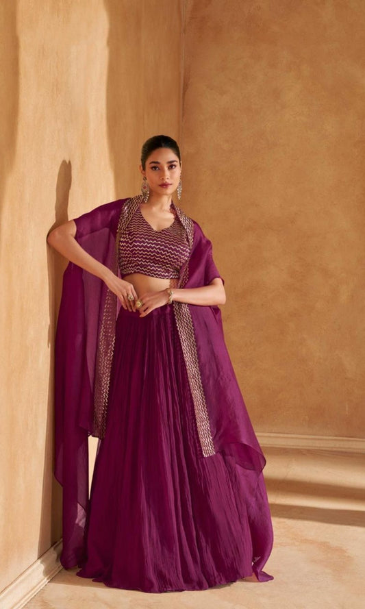 Graceful Purple Chinon Stylish Lehenga