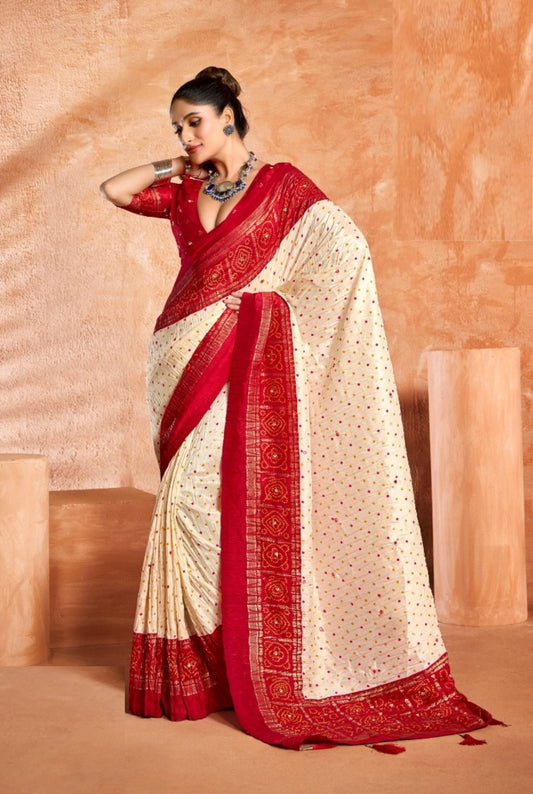 Chic Off White And Red Velvet Tusser Silk Saree