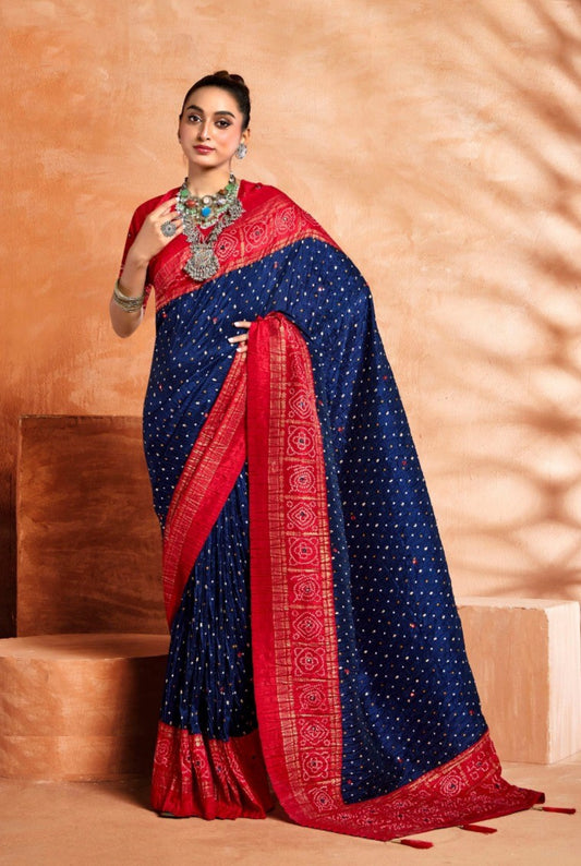 Elegant Navy Blue And Red Velvet Tusser Silk Saree