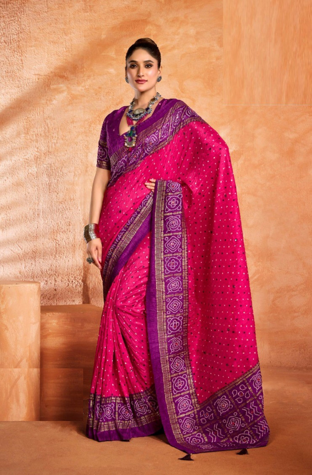 Timeless Pink And Purple Velvet Tusser Silk Saree