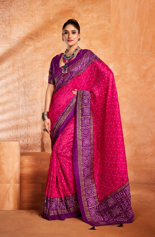 Timeless Pink And Purple Velvet Tusser Silk Saree
