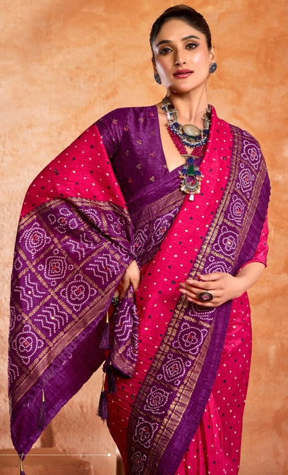 Timeless Pink And Purple Velvet Tusser Silk Saree