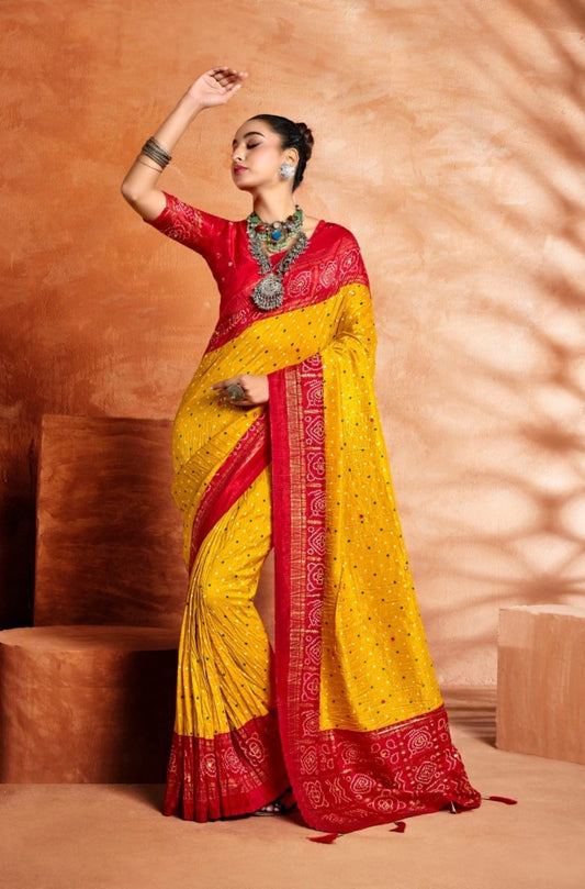 Sophisticated Yellow And Red Velvet Tusser Silk Saree