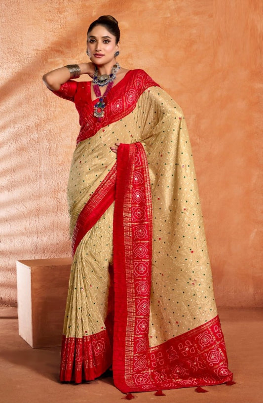 Luxurious Beige And Red Velvet Tusser Silk Saree
