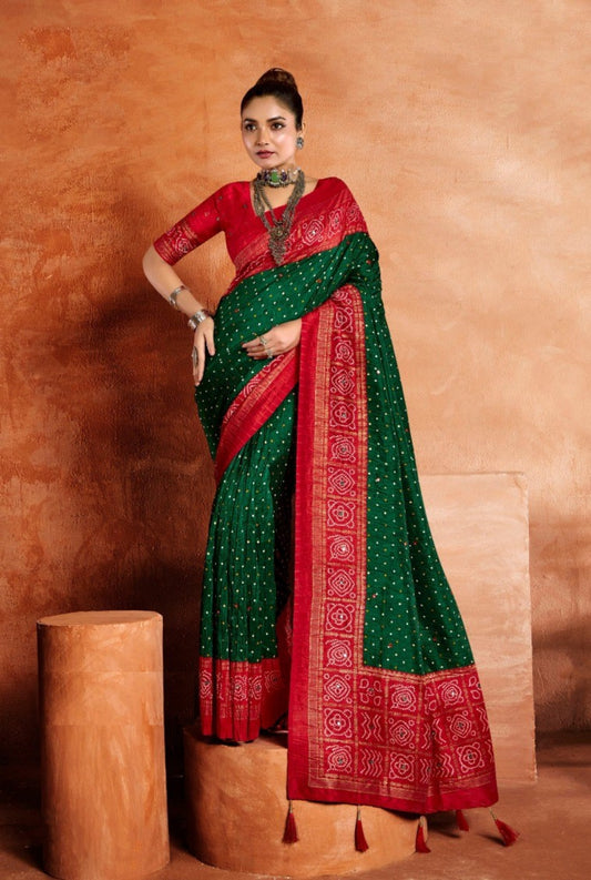 Refined Green And Red Velvet Tusser Silk Saree