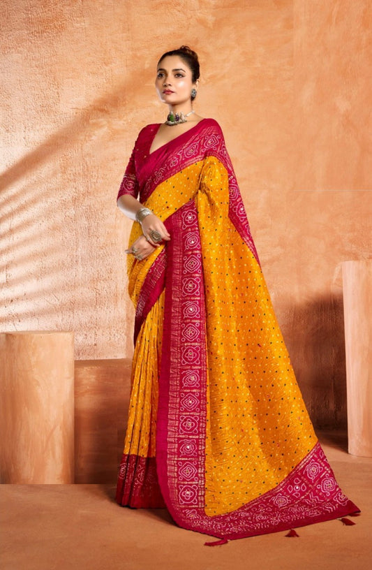 Tailored Mustard And Red Velvet Tusser Silk Saree