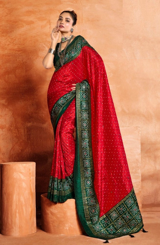 Polished Red And Green Velvet Tusser Silk Saree