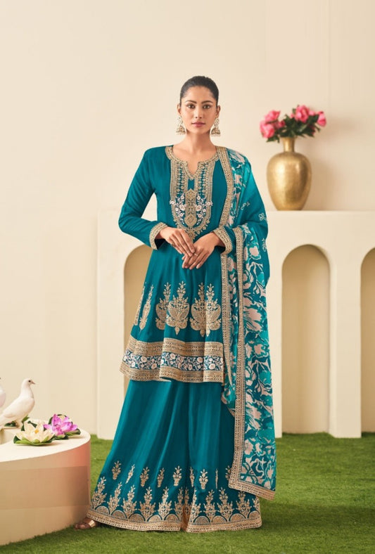 Elegant Teal Chinon Sharara Suit Set With Embroidery Work