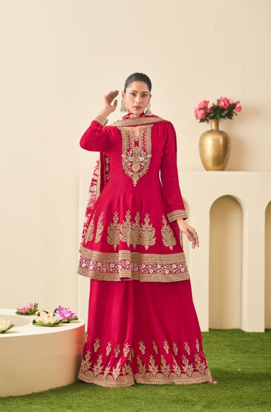 Chic Pink Chinon Sharara Suit Set With Embroidery Work