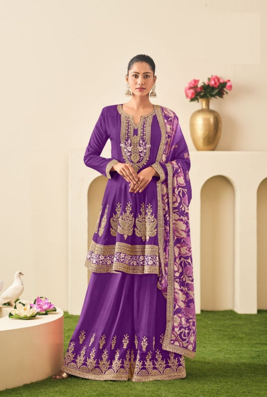 Designer Purple Chinon Sharara Suit Set With Embroidery Work