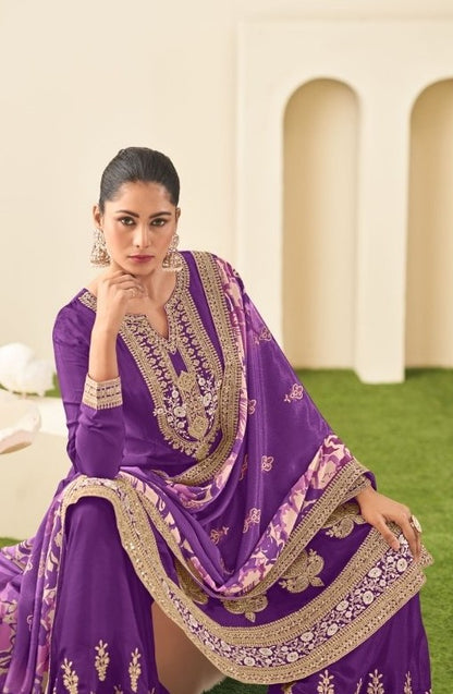 Designer Purple Chinon Sharara Suit Set With Embroidery Work