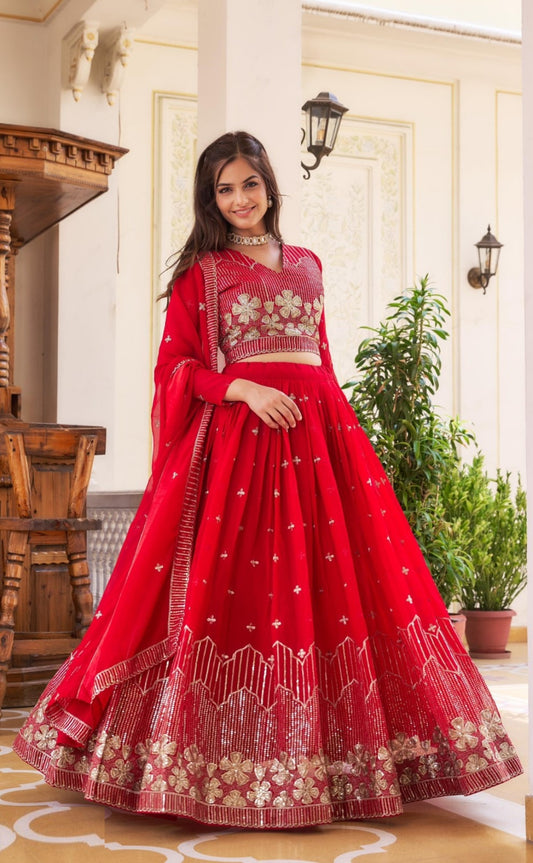 Women Red Georgette Sequins With Embroidery Work Gliterring Lehenga
