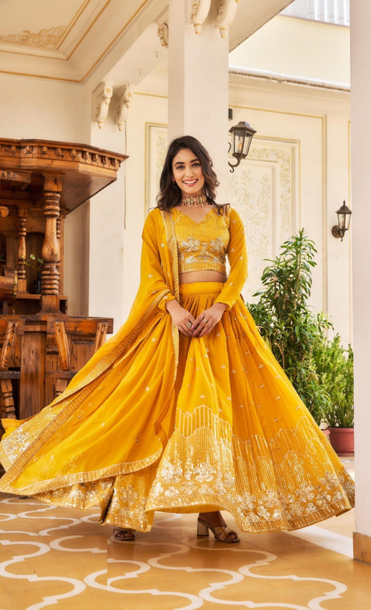 Women Mustard Georgette Sequins With Embroidery Work Gliterring Lehenga