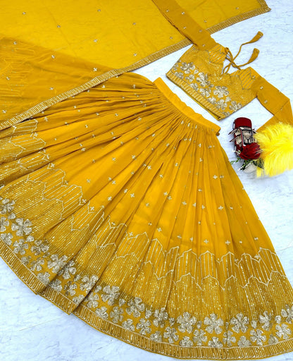 Women Mustard Georgette Sequins With Embroidery Work Gliterring Lehenga