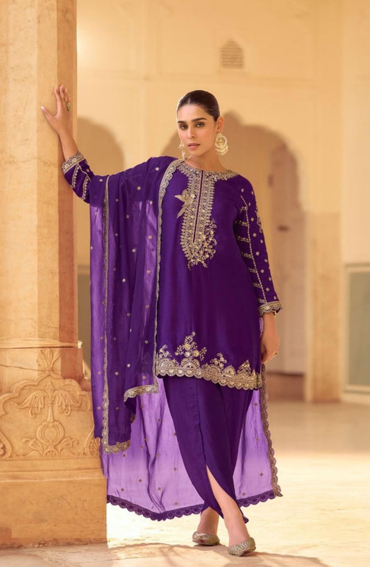 Polished Purple Soft Crepe Silk Dhoti Pant Suit Set