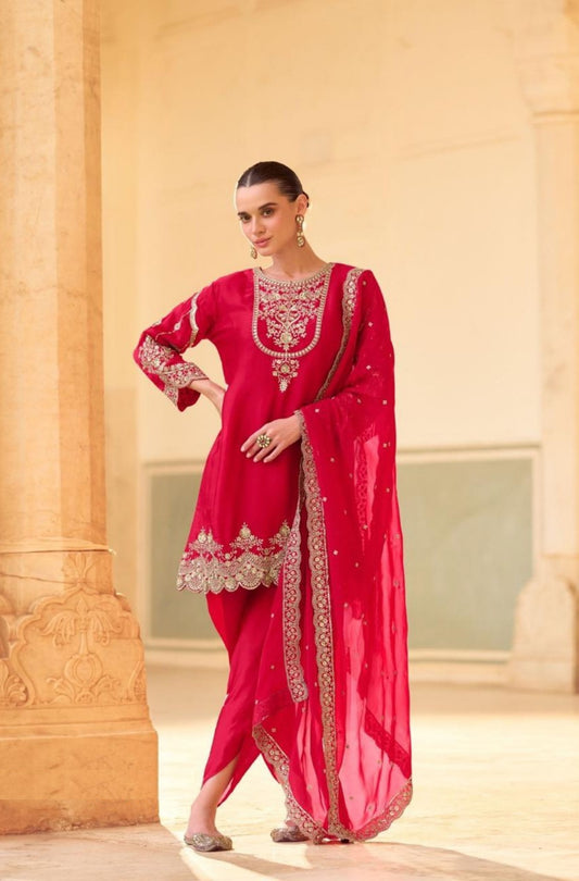 Tailored Red Soft Crepe Silk Dhoti Pant Suit Set