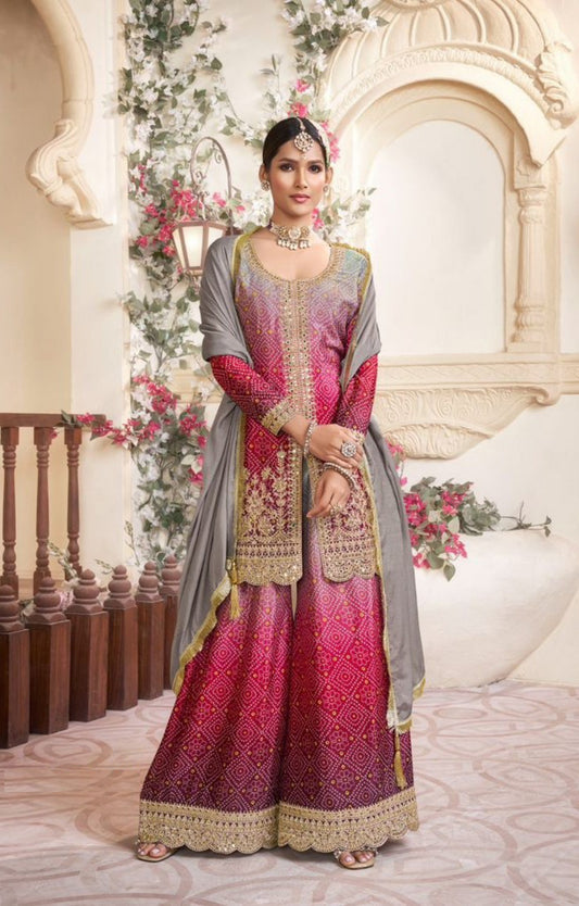 Women Grey And Pink Chinon Silk Gharara-Bottom Suit Set