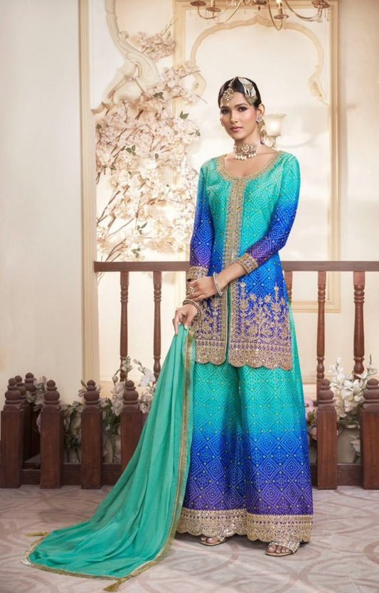Women Blue Chinon Silk Gharara-Bottom Suit Set